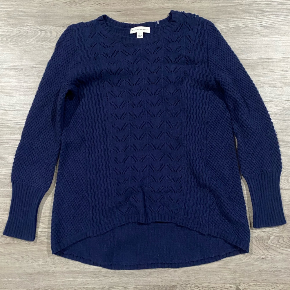 White + Warren Deep Blue Cowl Neck Sweater Knit Crochet Navy Blue Pullover‎ Wool